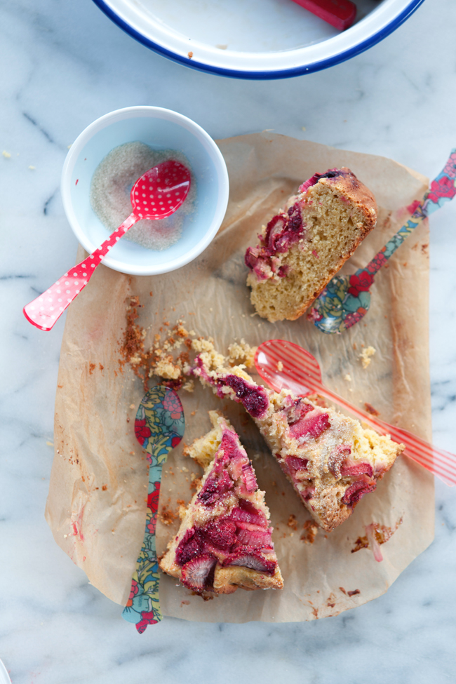 Gluten and dairy free pink peppercorn-kissed rhubarb and berry cake