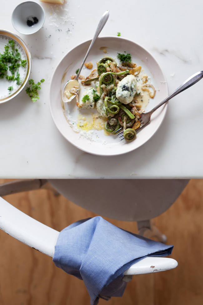Nettle and ricotta gnudi with fiddlehead ferns | Cannelle et Vanille