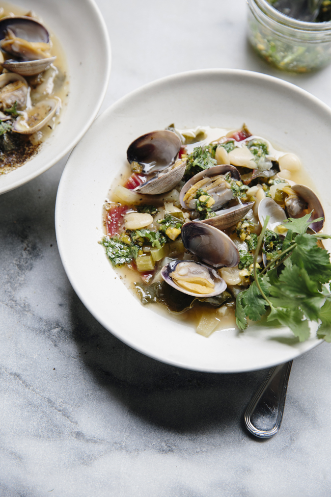 Chard, fennel, bean soup with clams and pistachio pesto | Cannelle et Vanille